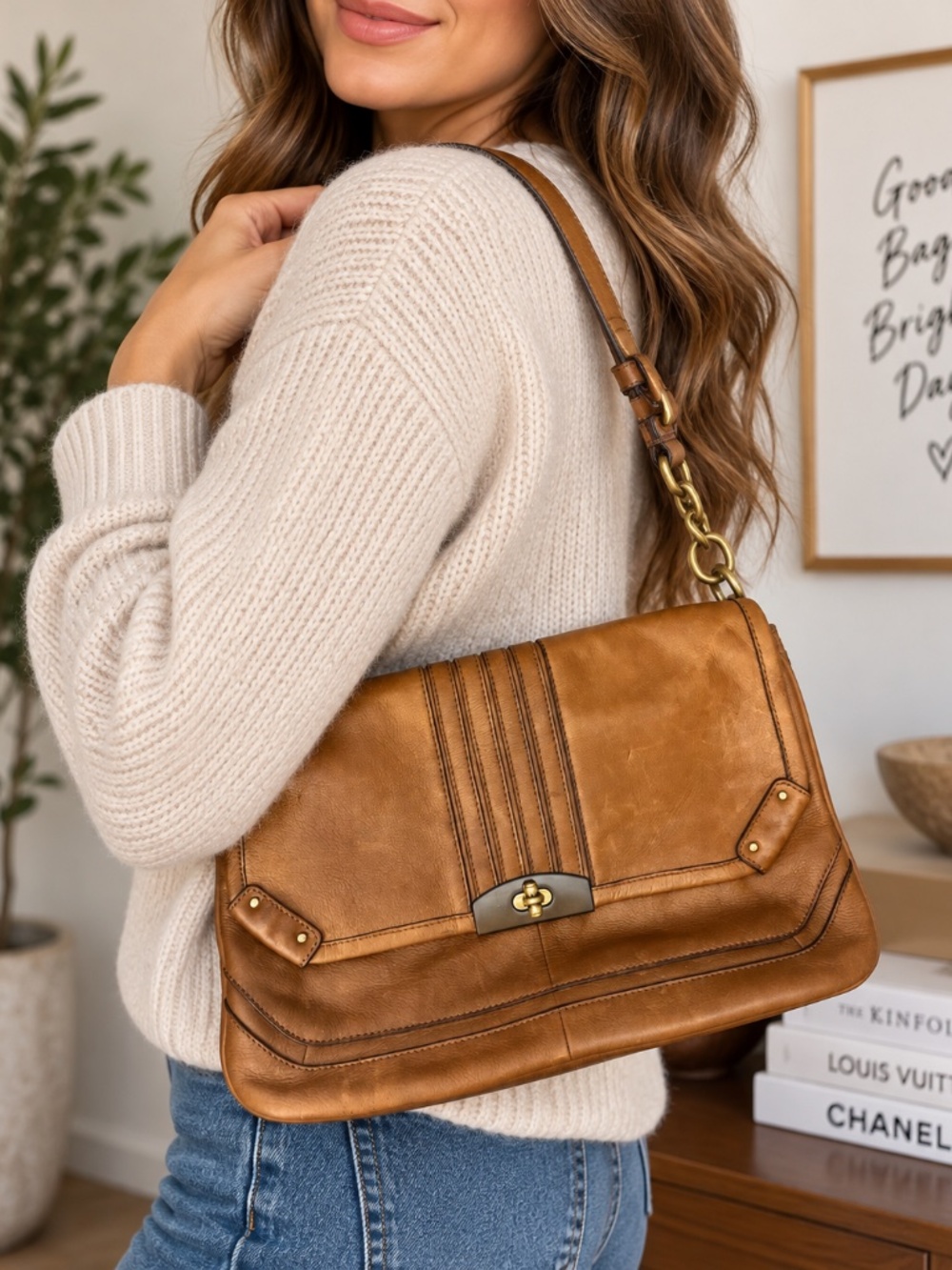 B. Makowsky Brown Pebbled Leather Turnlock Flap Closure Crossbody Bag